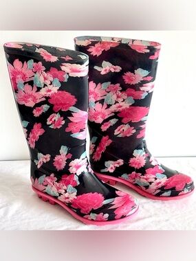 Kids Size 13 Floral Rain Boots – Navy Background w/ Pink Flower Print Waterproof
